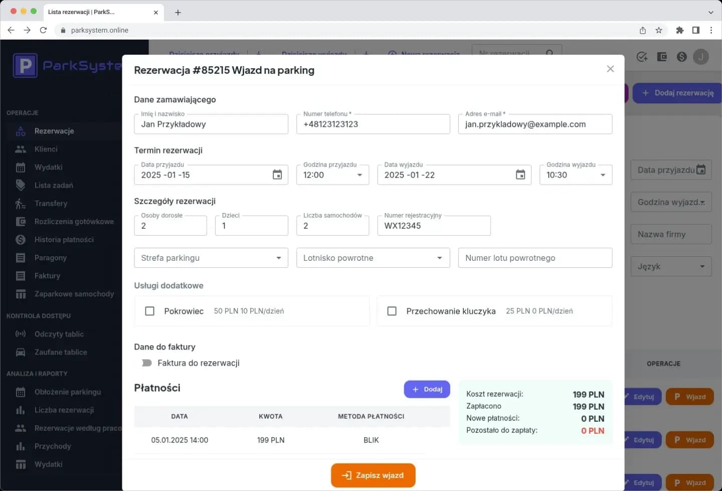Panel zarządzania parkingiem z dashboardem i statystykami